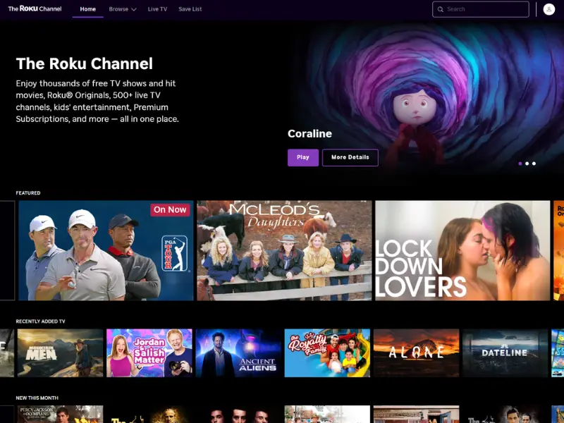 The Roku Channel mostrando canais ao vivo para teste IPTV grátis